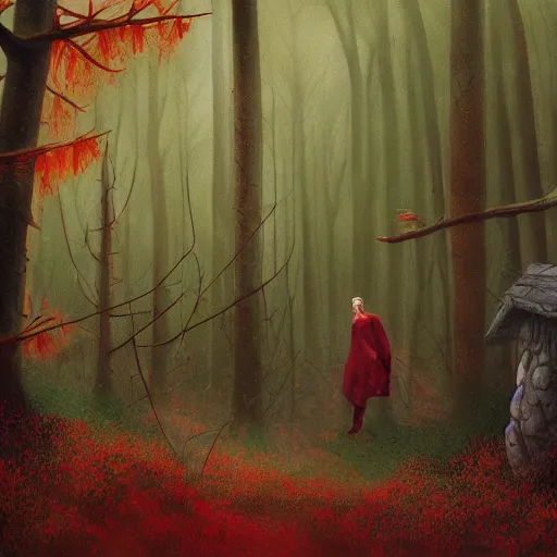 Image similar to baba-yaga house forest in an autumn forest, green and red tones, by Aron Wiesenfeld and beksincki, cinematic, detailed illustration, nature, fog, dark colors, suspense, intricate, 8k