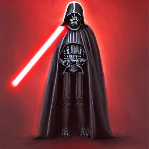 Image similar to a skeleton in a black cloak and with a red lightsaber