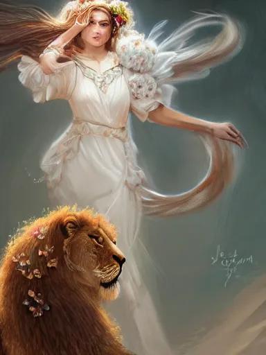 Prompt: a woman, wearing a cute white dress adorned with flowers, dominating a ferocious lion. intricate, elegant, highly detailed, digital painting, artstation, concept art, sharp focus, illustration, by justin gerard and artgerm, 8 k