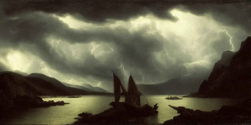 Image similar to a princess, big monster, snowy fjord, storm clouds, dramatic lighting, hudson river school, afternoon