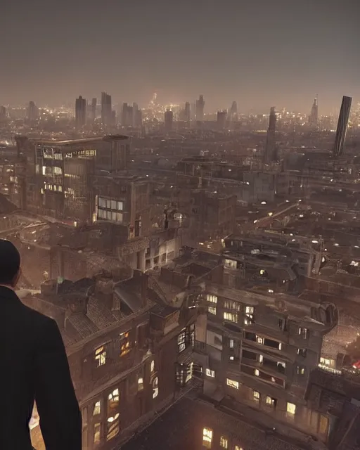 Prompt: a night rooftop scene, close up shot of a photorealistic gangster wearing a trench coat looking at the city below, unreal engine, hyper realism, realistic shading, cinematic composition