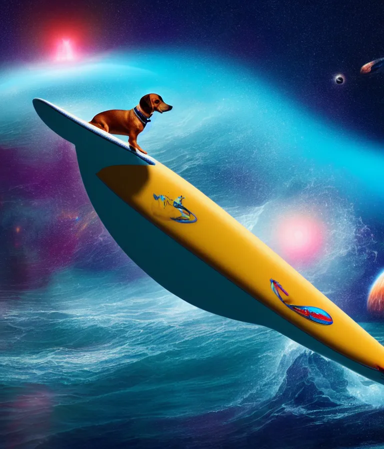 Prompt: wiener dog surfing a surfboard on a crashing l wave of alien ocean in space, background is an alien galaxy, aliens in the background, alien colors, octane render, unreal engine, wide view, 8 k, high detaild