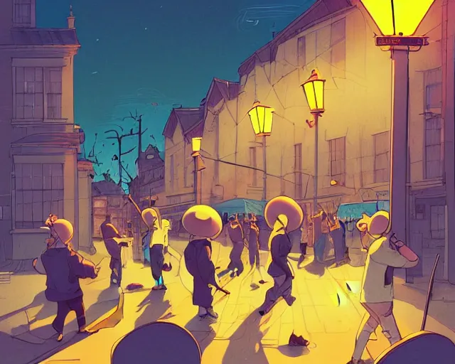 Prompt: a study of cell shaded cartoon of the concert of a music band playing music, street lamps, road, illustration, wide shot, subtle colors, post grunge, concept art by josan gonzales and wlop, by james jean, Victo ngai, David Rubín, Mike Mignola, Laurie Greasley, highly detailed, sharp focus, Trending on Artstation, HQ, deviantart, art by artgem