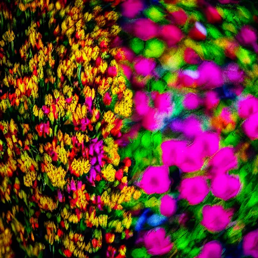 Image similar to In focus colorful flowers blossoming, climax, overwhelming, brilliant, surreal, cinematic, epic, 8k, sharp focus, color grain 35mm, tilt-shift, dslr