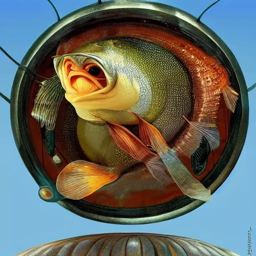 Image similar to a worried fish sitting on the top of a pile of fish, all the fish are inside a cooking pot, side view, by vladimir kush, dystopian art, rococo