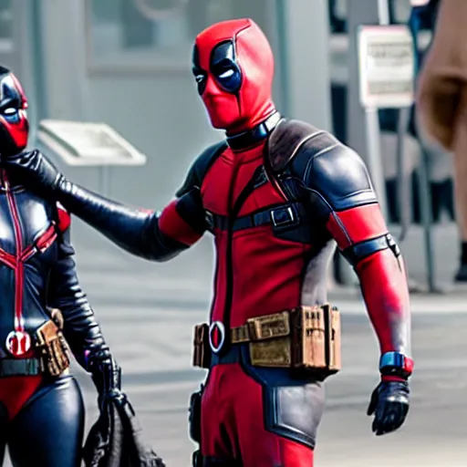 Prompt: film still, Margot Robbie in deadpool suit