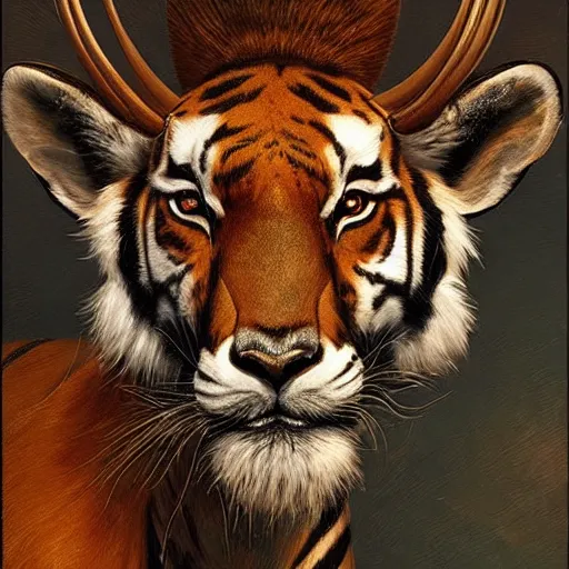 Image similar to a dramatic portrait of a antelope in!!! tiger!!! skin, cinematic lighting, symmetric face by karol bak, christopher balaskas