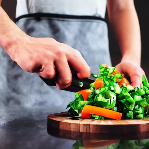 Prompt: machine chaotically chopping veggies