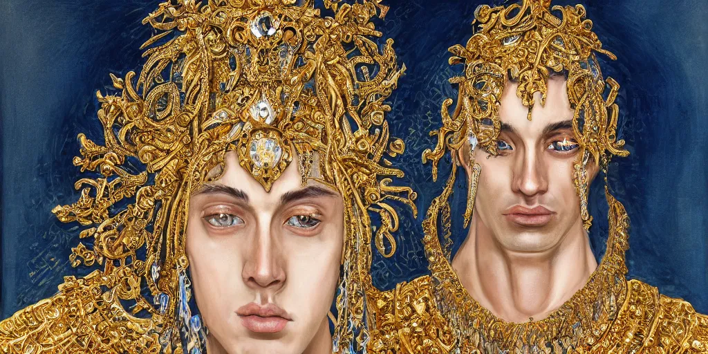 Image similar to dramatic studio portrait of a beautiful flawless symmetrical man wearing intricate otherworldly gold and white jewelry and wearing an ornate elegant gold headdress, hyper realism, very detailed