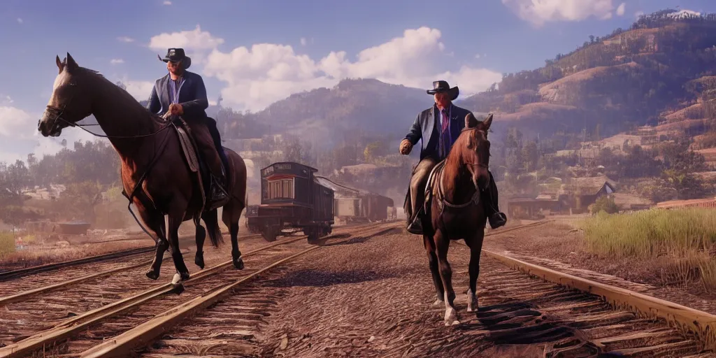 Prompt: Donald Trump from Red Dead Redemption 2 riding a horse next to a train, wide shot, ray tracing, 8k by artgerm and greg rutkowski