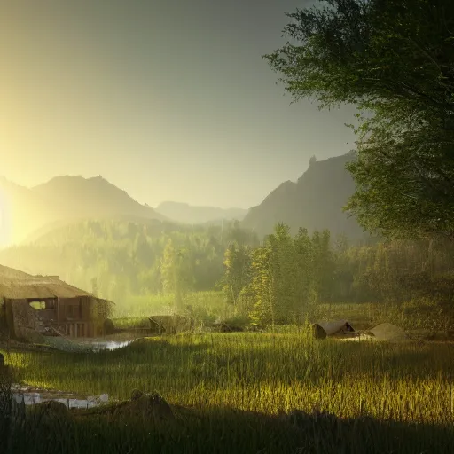 Prompt: ecovillage designed by olson kundig, day time, grand mountains and forest in the distance, farm and gardens, streams, white mist, sun in the sky, Cinematic, environment concept art, ethereal, ultra detailed, unreal engine style, cinematic light, trending in artstation, highly detailed, epic scene