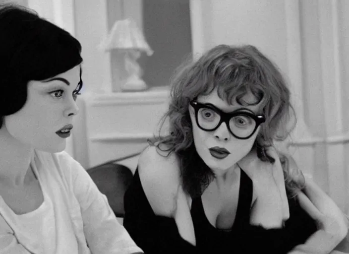 Image similar to Black and white film still of Rose Mcgowan on a Woody Allen film