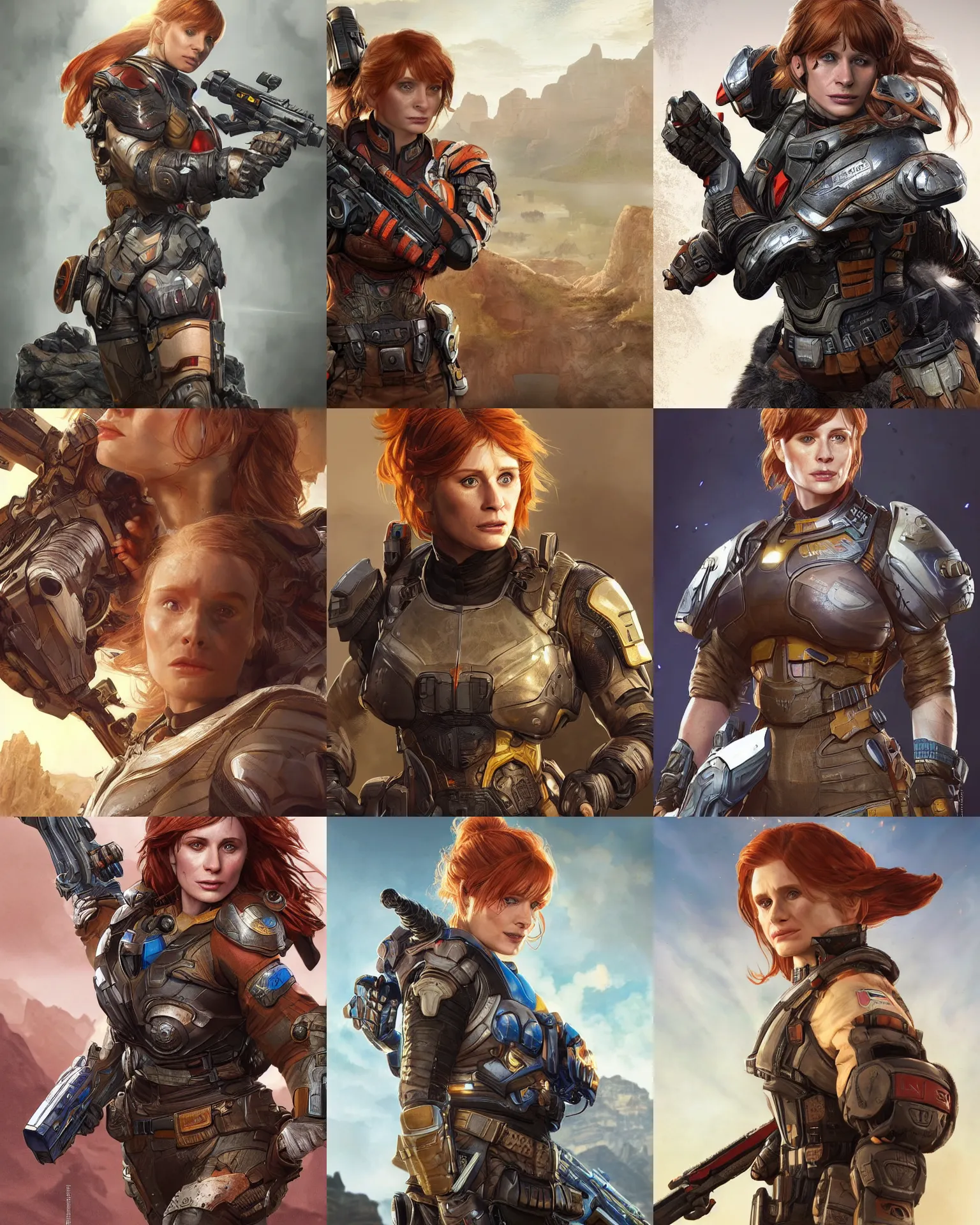 Prompt: Bryce Dallas Howard as an Apex Legends character digital illustration portrait design by, Mark Brooks and Brad Kunkle detailed, gorgeous lighting, wide angle action dynamic portrait