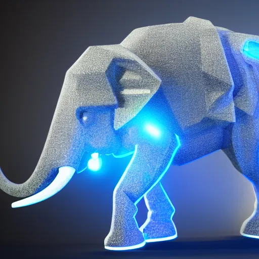 Prompt: hyper realistic cybertronic elephant. high details of body and face. complex aetheral mechanical body. blue led. cyberpunk style, intricate, trending on art station, 8 k render.