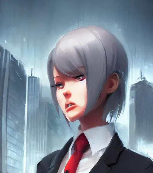 Image similar to a girl in a business suit, close up, sharp focus, red necktie, grey hair, serious expression, full body shot, pixiv, city background, digital painting, by tran ross and jordan grimmer and greg rutkowski, anime art, artstation, hd, smooth,