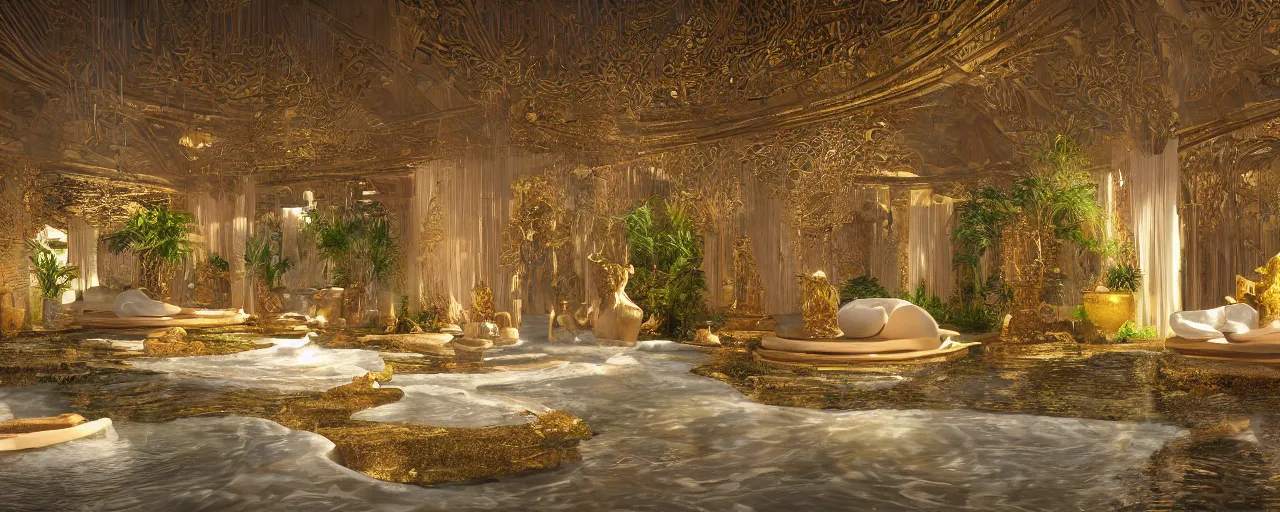 Image similar to surreal hyper luxury spa with intricate golden details with view to arid mountains and palm forest, ultra detailed, photorealism, sharp focus, volumetric light, global illumination