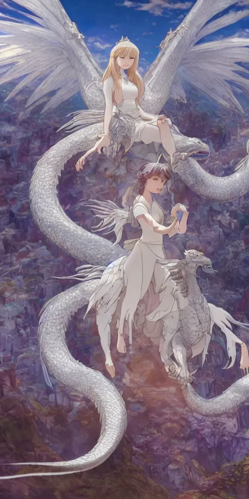 Prompt: the beautiful hyper detailed scene render that a beautiful princess sitting on the back of a huge silver white dragon alone in the fairyland surrounded by white clouds, finely detailed angelic face delicate features, style of studio ghibli, makoto shinkai, raphael lacoste, louis comfort tiffany, artgerm, james jean, ross tran, animation style, hd, ultra wide angle