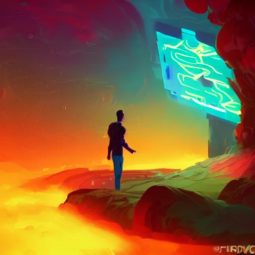 Image similar to fiery prometheus gives a glowing computer to a man who reaches for it with arm outstretched, glowing binary code, bioluminescence, digital painting bioluminance alena aenami artworks in 4 k design by lois van baarle by sung choi by john kirby artgerm style pascal blanche and magali villeneuve