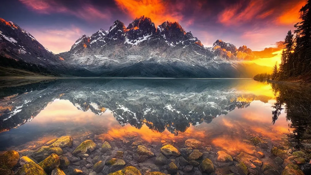 Image similar to amazing landscape photo of mountains with lake in sunset by marc adamus, beautiful dramatic lighting