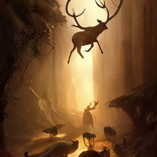Prompt: a partially opened bag filled with deers and birds falling out of it, sunlight from the left side, a concept art in style of Greg Rutkowski, John Singer Sargant, painted by Frank Frazetta, trending on artstation