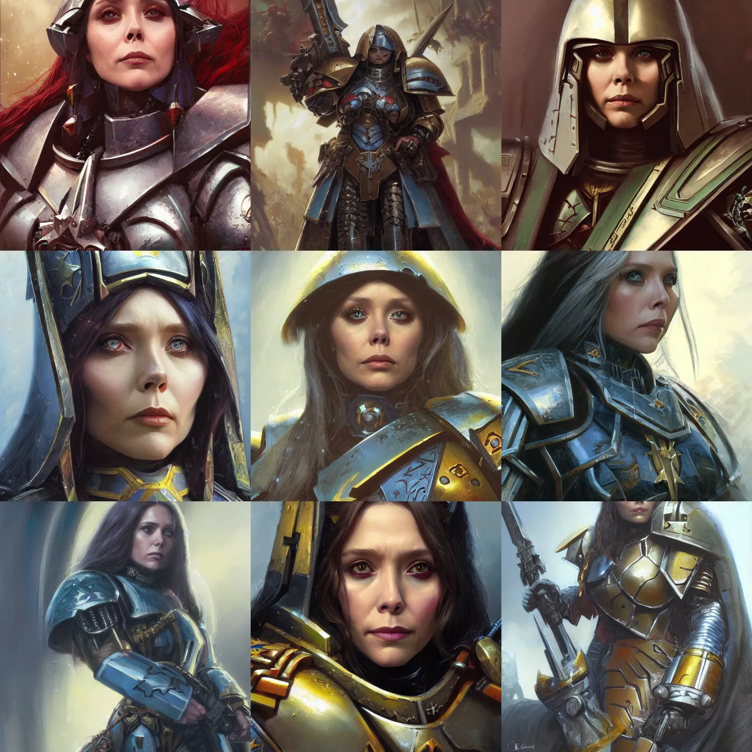 Prompt: elizabeth olsen as Sister of Battle, warhammer 40k, closeup character portrait art by Donato Giancola, Craig Mullins, digital art, trending on artstation