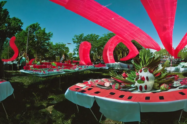 Prompt: 2 0 1 2 watermelon diner, tables repeat endlessly into the horizon, y 2 k cybercore cutecore fruitcore, one point perspective, tyler mitchell photoshoot