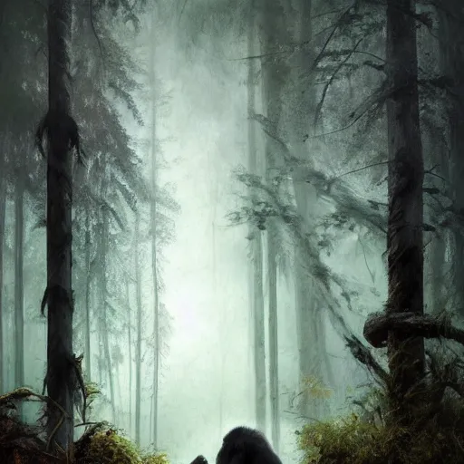 Image similar to Dark fantasy Painting of a huge bigfoot gorilla creature lurking in the misty forest, gloomy, full body, disgusting, creepy, unsettling, horror, intricate, wild, highly detailed, digital painting, artstation, concept art, smooth, sharp focus, illustration, art by artgerm and greg rutkowski and alphonse mucha