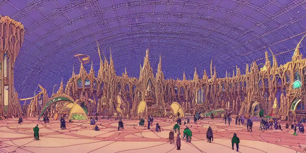 Image similar to cel shaded cinematic shot of the interior of a sci-fi space station with ornate Elven architecture bustling with people, epic castle, emerald, crystalline, detailed illustration, sharp focus, crisp lines, art by Moebius, Jean Giraud Moebius comic illustration