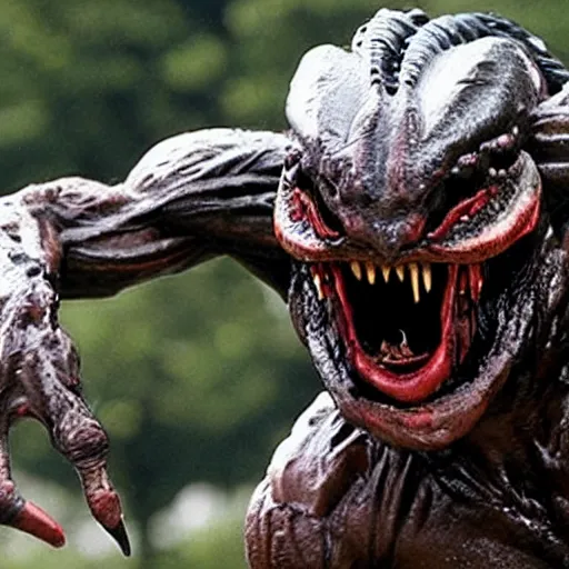 Prompt: a monster from predator is chasing joe biden on the white house lawn during a storm, dramatic