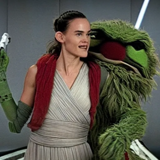 Image similar to oscar the grouch but it's rey skywalker, rey skywalker as oscar the grouch