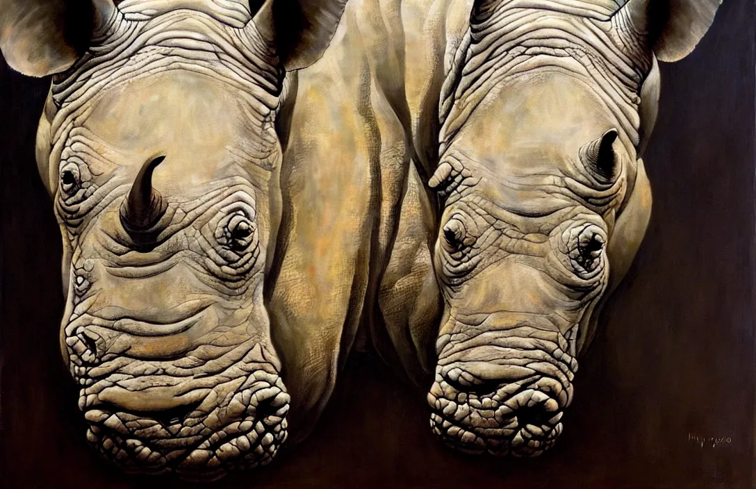 Prompt: portrait of a rhino!!!!!!!!!!!!!!!!!!!!!!!!!!!, detailed face, detailed painting, epic lighting, by ilya repin, phil hale and kent williams
