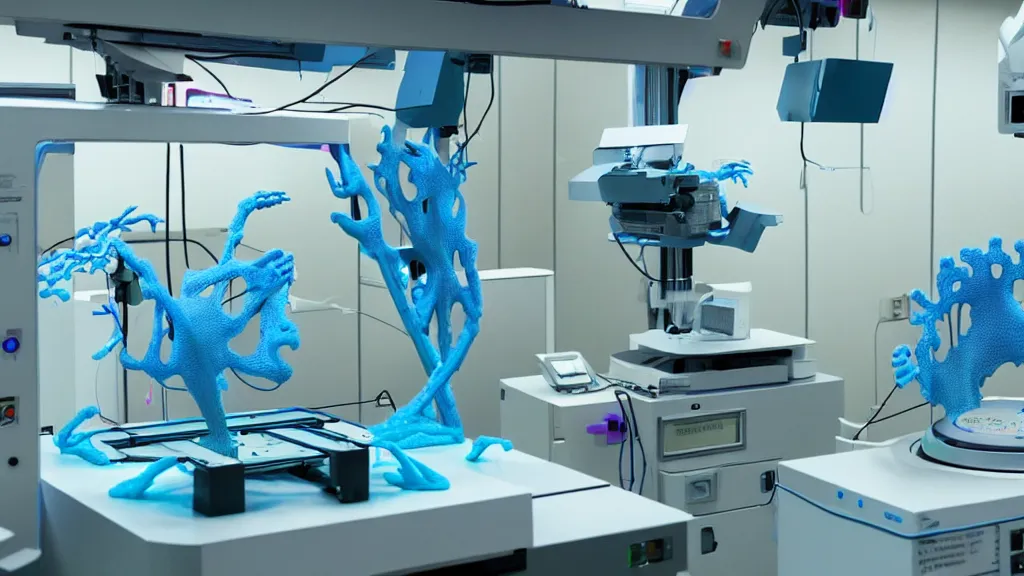 Image similar to a complex bifurcated surgical arm hybrid mri 3 d printer machine making colorful mutant forms with control panels in the laboratory inspection room, film still from the movie directed by denis villeneuve with art direction by salvador dali, wide lens