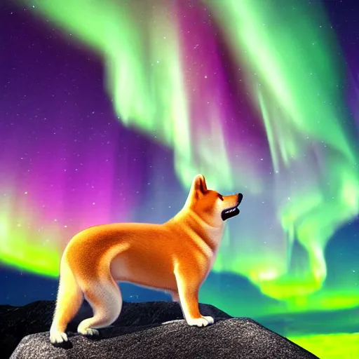 Prompt: shiba inu howling on top of a cliff. colorful northern lights in the background. digital painting, award winning, high detail, photorealistic, high quality, 4 k, cinematic lighting