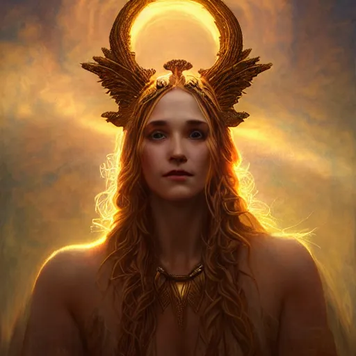 Image similar to majestic gracious deity hekate portrait, ancient greece, elysium, atmospheric lighting, painted, intricate, volumetric lighting, beautiful, rich deep colours masterpiece, golden hour, sharp focus, ultra detailed, by leesha hannigan, ross tran, thierry doizon, kai carpenter, ignacio fernandez rios