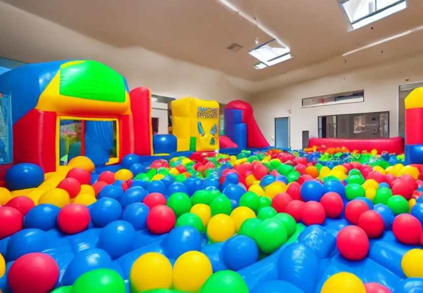 Image similar to A bouncy house with a ball pit and a trampoline inside a big empty room with light coming through windows