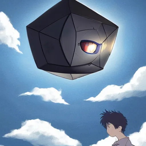 Prompt: an asymmetrical cell - shaded studio ghibli concept art study of a huge silver cube ufo in the sky. an elegant alien is on the ground. very dull colors,, hd, 4 k, hq