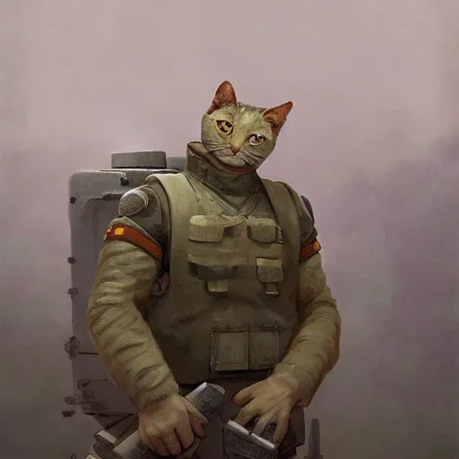 Image similar to Portrait face fuzzy eyes snout ears furry ripped physique kitty cat general camouflaged as a kitty cat man wearing a military officer uniform standing atop a panzer tank charlie bowater elina brotherus greg rutkowski Dan Witz paul klee jamie wyeth victo ngai