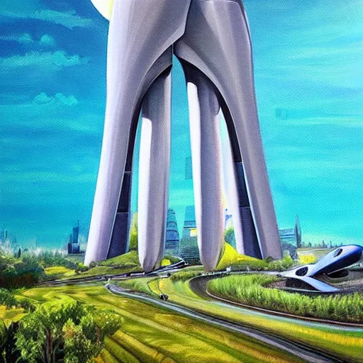 Prompt: Beautiful city of the future in harmony with nature, spaceship in the background. Nice colour scheme, soft warm colour. Beautiful painting by Lurid. (2022)