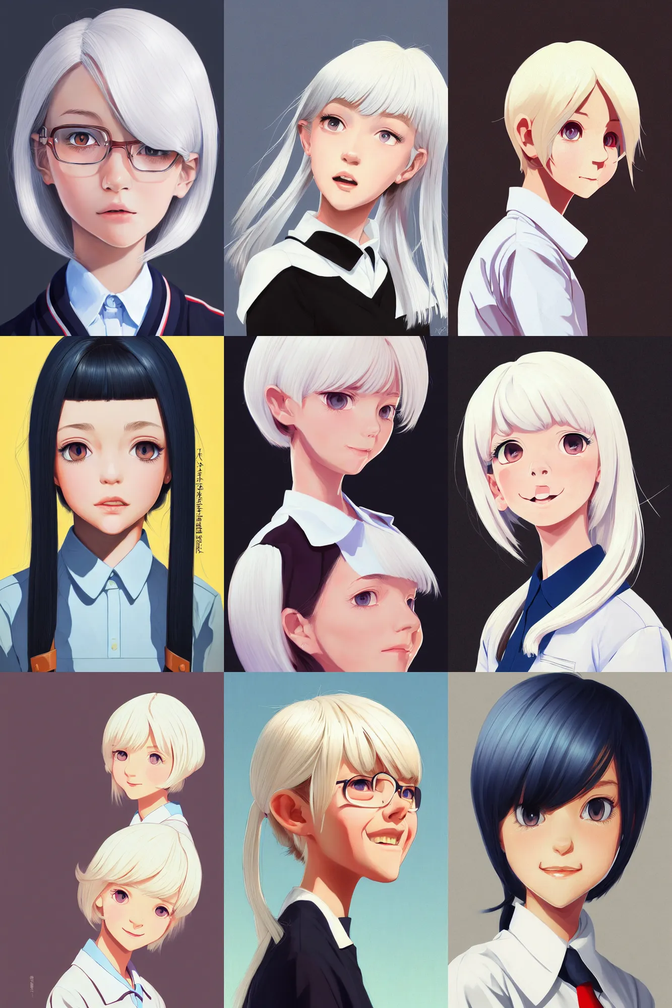 Image similar to a headshot of a very happy cute girl with shoulder - length white hair wearing school uniform, sharp focus, illustration, morandi color scheme, art station, high detailed, by ilya kuvshinov