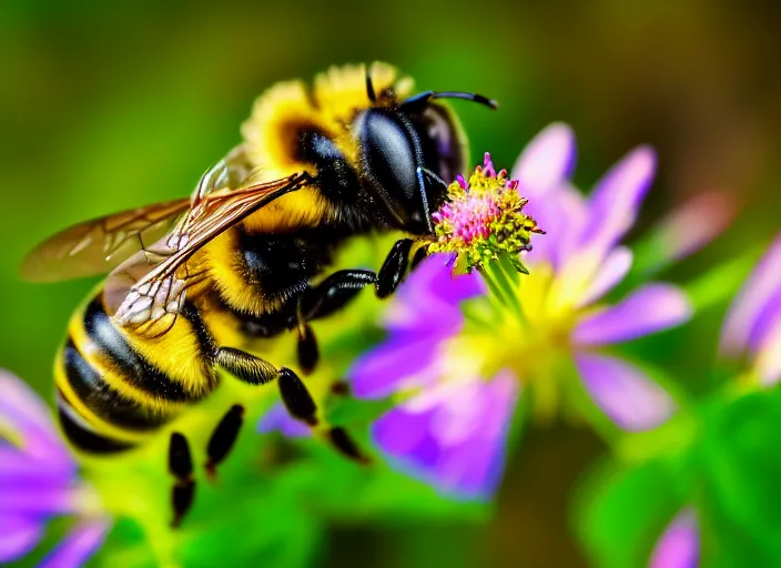 Image similar to super macro of a bee with cybernetic body drinking from a flower in the forest. fantasy magic style. highly detailed 8 k. intricate. nikon d 8 5 0 3 0 0 mm. award winning photography.