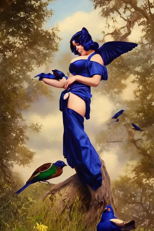 Prompt: hyper realistic painting, pinup girl holding an indigo bunting, bird, the bird is wearing a bowtie, by greg rutkowski, rossdraws, gil elvgren, enoch bolles, anime, porcelain skin, glistening, very coherent,