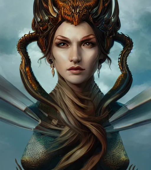 Prompt: stunning comic book style portrait painting of a dragon goddess, wide view, in the style of WLOP, 8k masterpiece, cinematic lighting, pristine and clean design, high fantasy, insanely detailed, atmospheric,