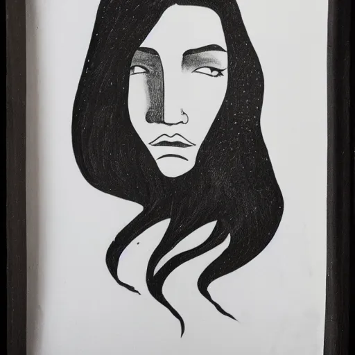 Image similar to A black ink portrait of a lonely beautiful woman with pouted lips and the the constellation in her black flowing hair