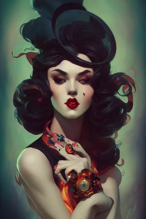 Prompt: noir femme fatale by sabbas apterus and james jean, saturated colors, concept art, beautiful circular composition, digital painting, trending on artstation, mucha