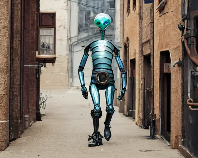 Prompt: a humanoid alien walking along a steampunk city street