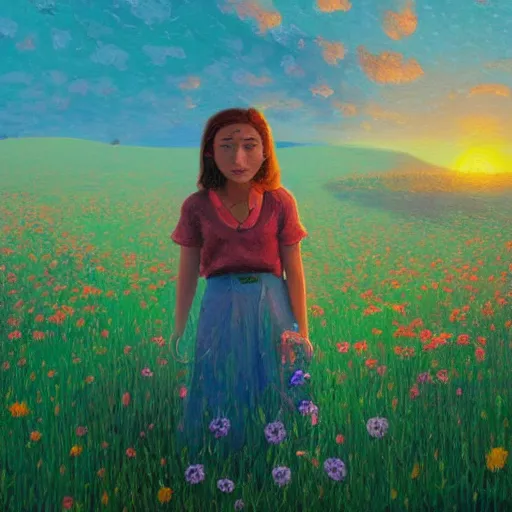 Prompt: girl with one flower as a face, in a field with flowers, hills, big trees, sunrise dramatic light, impressionist painting, colorful clouds, digital painting, pointillism, artstation, simon stalenhag