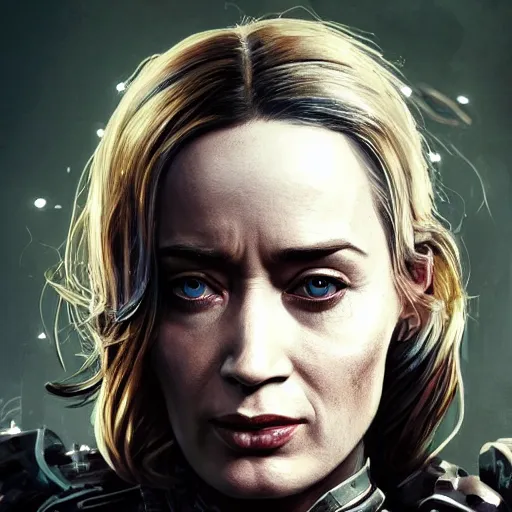 Prompt: emily blunt portrait, dystopia core, apocalyptic, armor, warrior, dramatic, sharp focus, fiction, neon, fantasy, hyper detailed, digital art, trending in artstation, cinematic lighting, studio quality, smooth render, unreal engine 5 rendered, octane rendered, art style and nixeu and wlop and krenz cushart