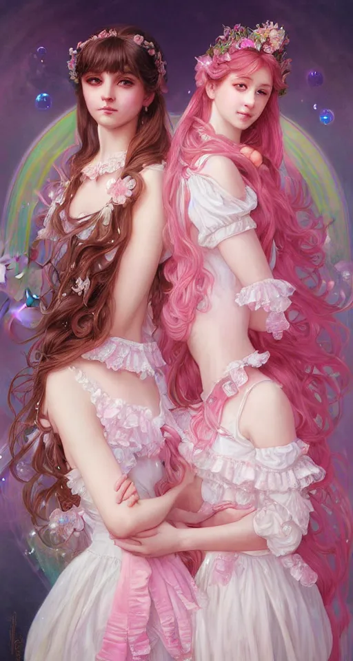 Prompt: portrait of two magical lolita girls, dreamy and ethereal, pink eyes, peaceful expression, ornate frilly dress, fantasy, intricate, elegant, rainbow bubbles, highly detailed, digital painting, artstation, concept art, smooth, sharp focus, illustration, art by artgerm and greg rutkowski and alphonse mucha