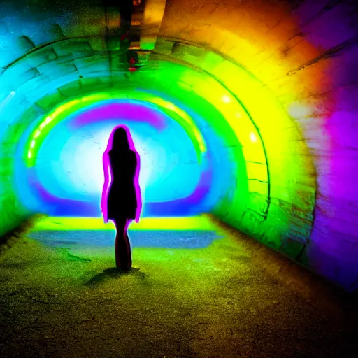 Image similar to woman on an acid trip through a tunnel, neon volumetric lights,