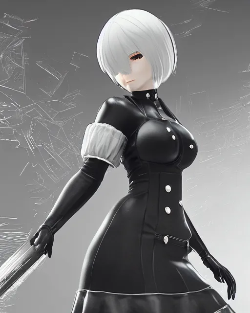 Prompt: 2B from Nier Automata, mechanical detail, cad, solidworks render